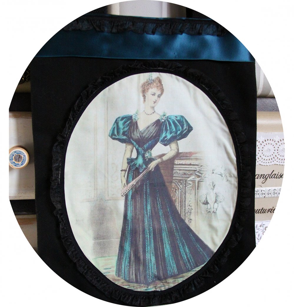 Sac Tote bag noir Gravure de Mode robe bleu vert et ruban ancien--9996137639873