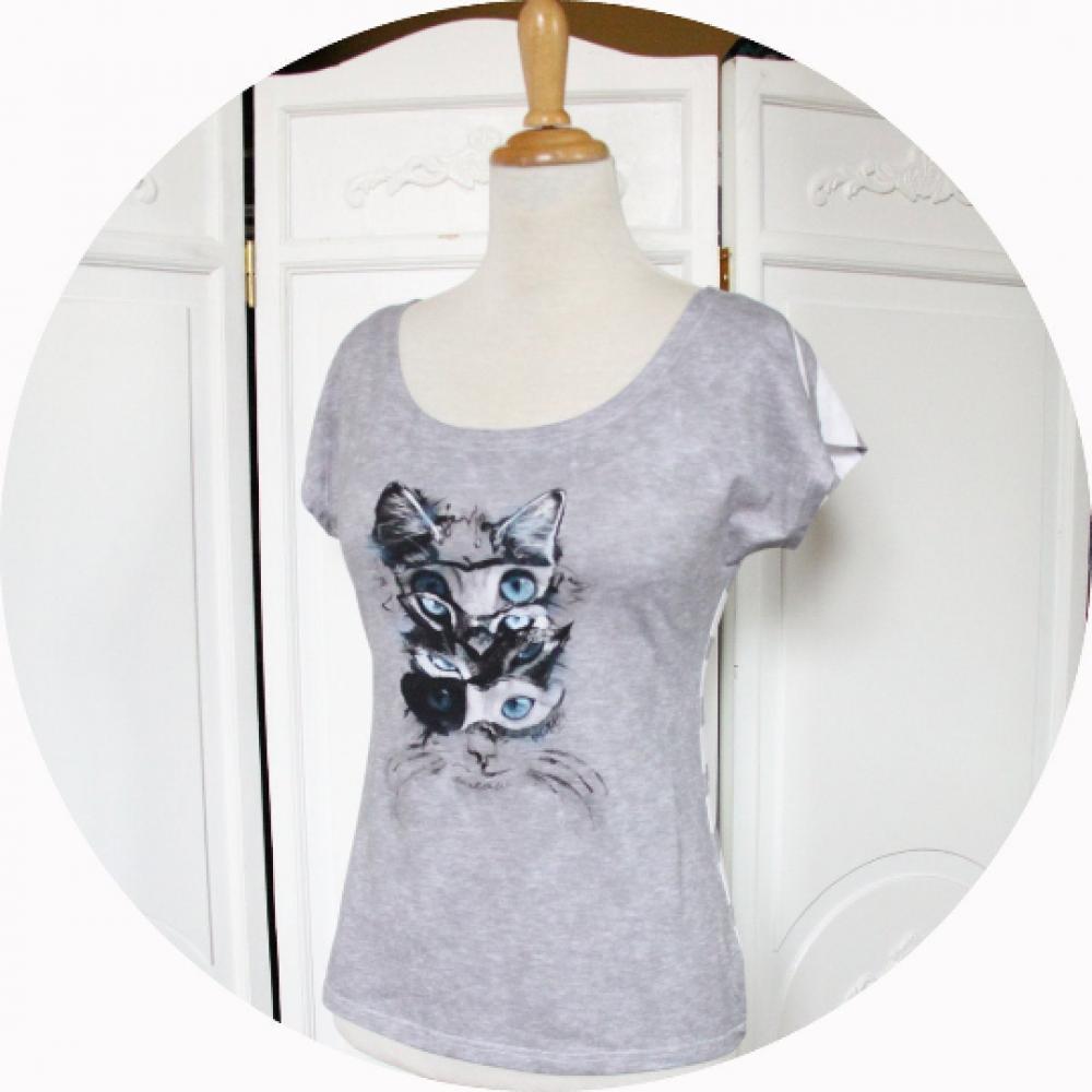 Top P'tit Basique manches courtes gris motif chat en jersey de coton gris et blanc--9995678881000