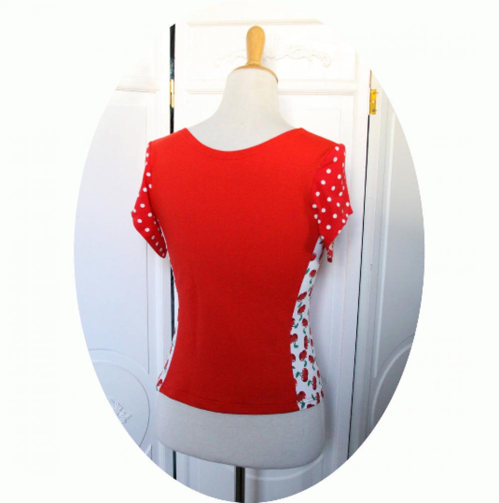 Top bustier cintré rouge à manches courtes en jersey de coton rouge à pois blancs et blanc à cerises rouges--9995679743260
