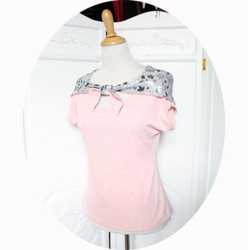 Top tshirt à capuche en jersey rose clair chiné à manches courtes ou trois quartet capuche en gris imprimé de lapins argent--9995682738727