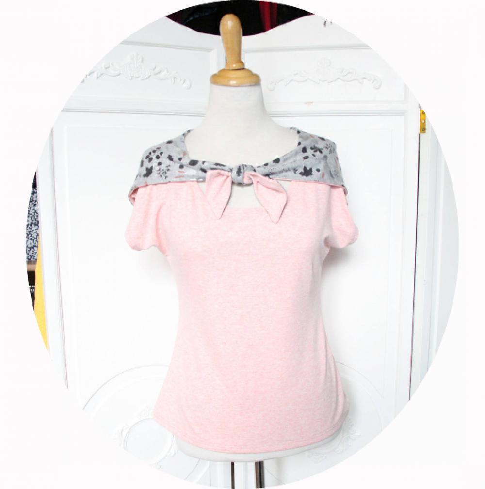 Top tshirt à capuche en jersey rose clair chiné à manches courtes ou trois quartet capuche en gris imprimé de lapins argent--9995682738727