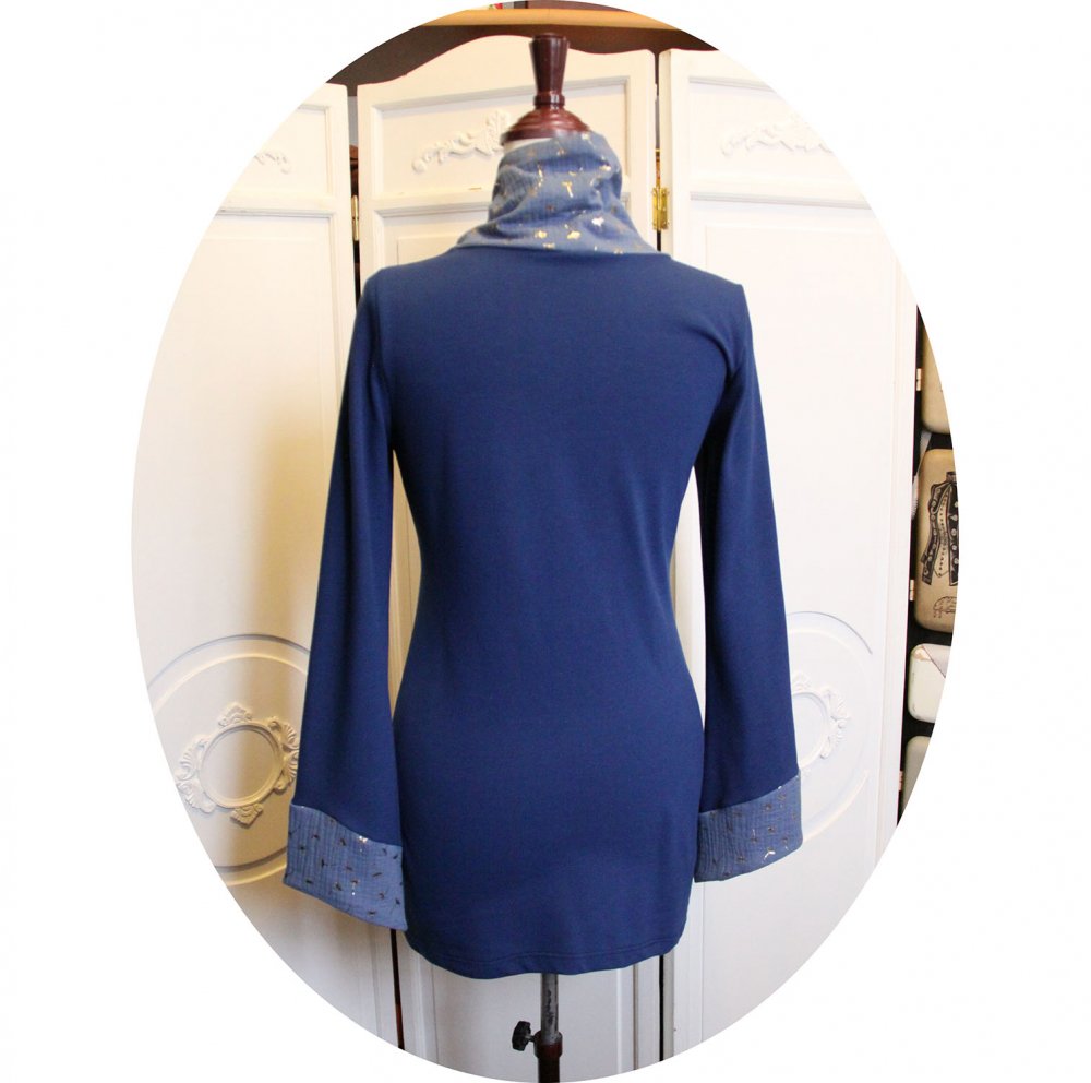 Tunique longue à col écharpe et manches longues en maille de coton bleu et double gaze pissenlit--9995994599641
