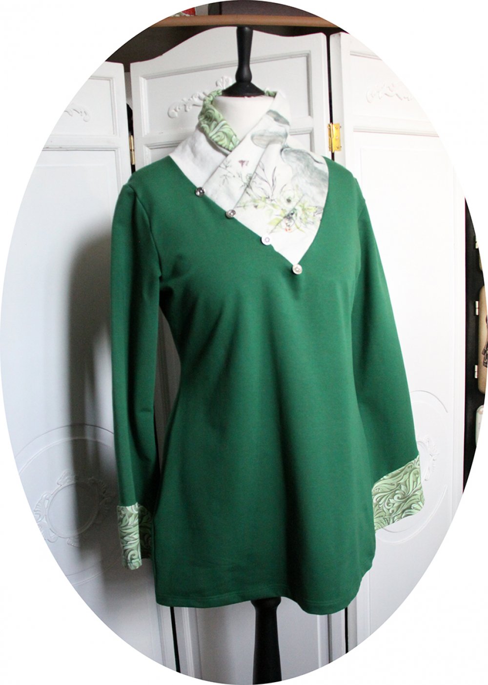 Tunique longue à col écharpe et manches longues en maille coton verte col en lin lapin--2226551087507
