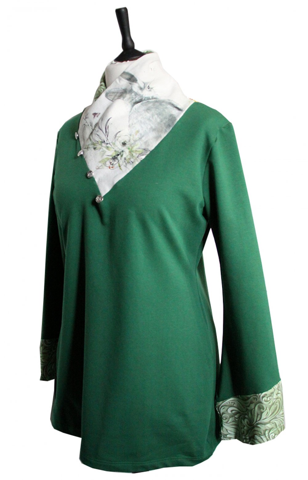 Tunique longue à col écharpe et manches longues en maille coton verte col en lin lapin--2226551087507