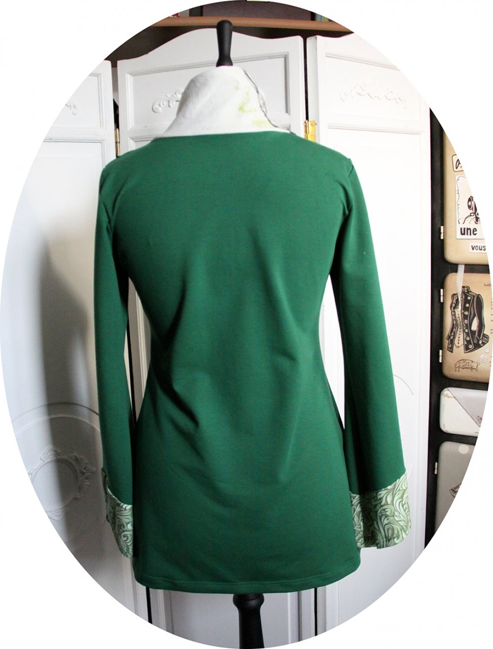 Tunique longue à col écharpe et manches longues en maille coton verte col en lin renard--2226551090774