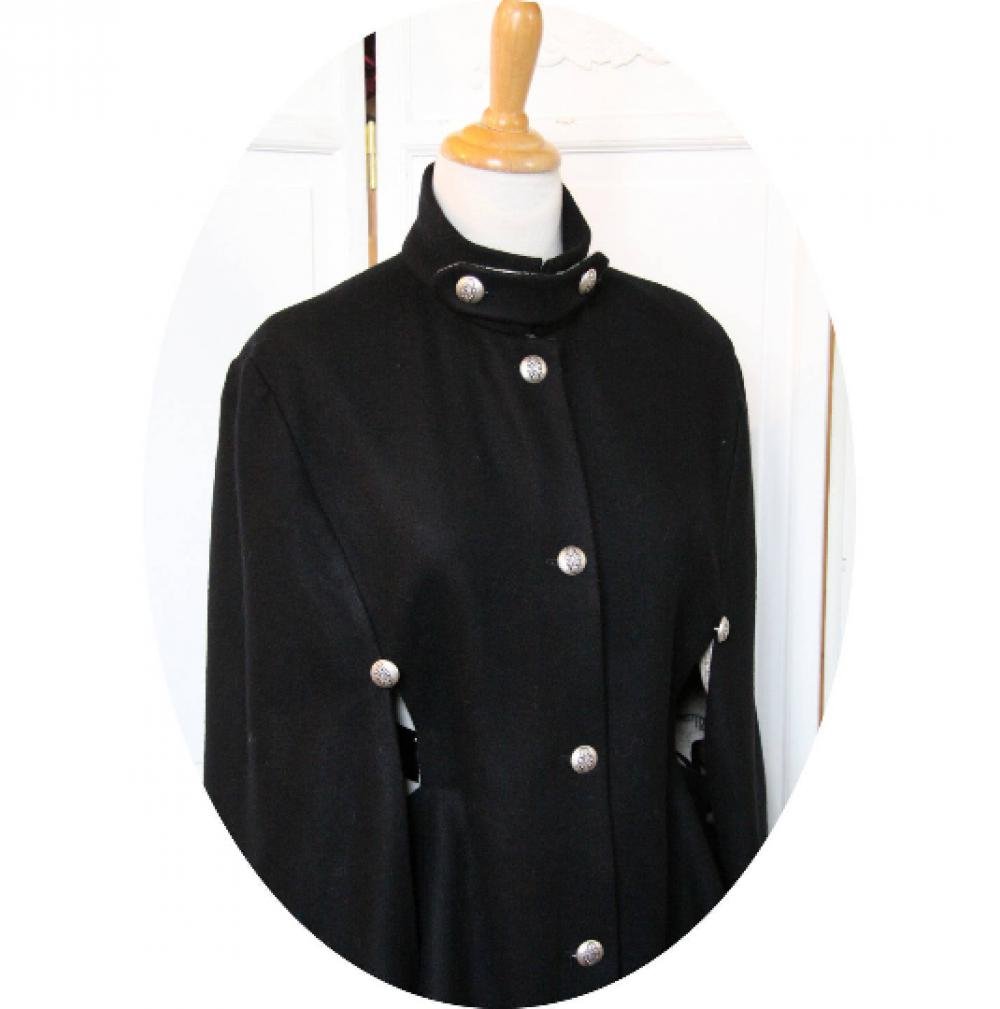 Veste cape rétro dolman victorien en laine noire doublure coton vintage--9995983634162