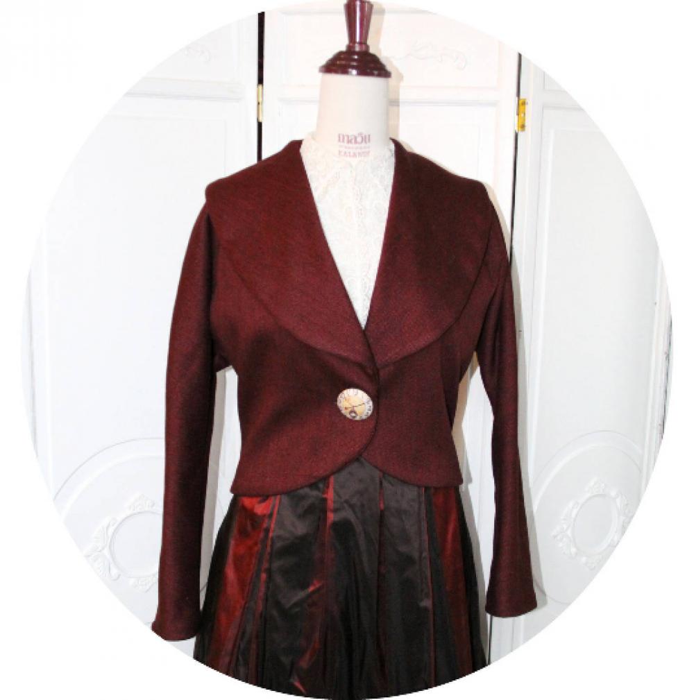 Veste courte en coton rouge bordeau à grand col chale et manches longues kimono--9995884143060