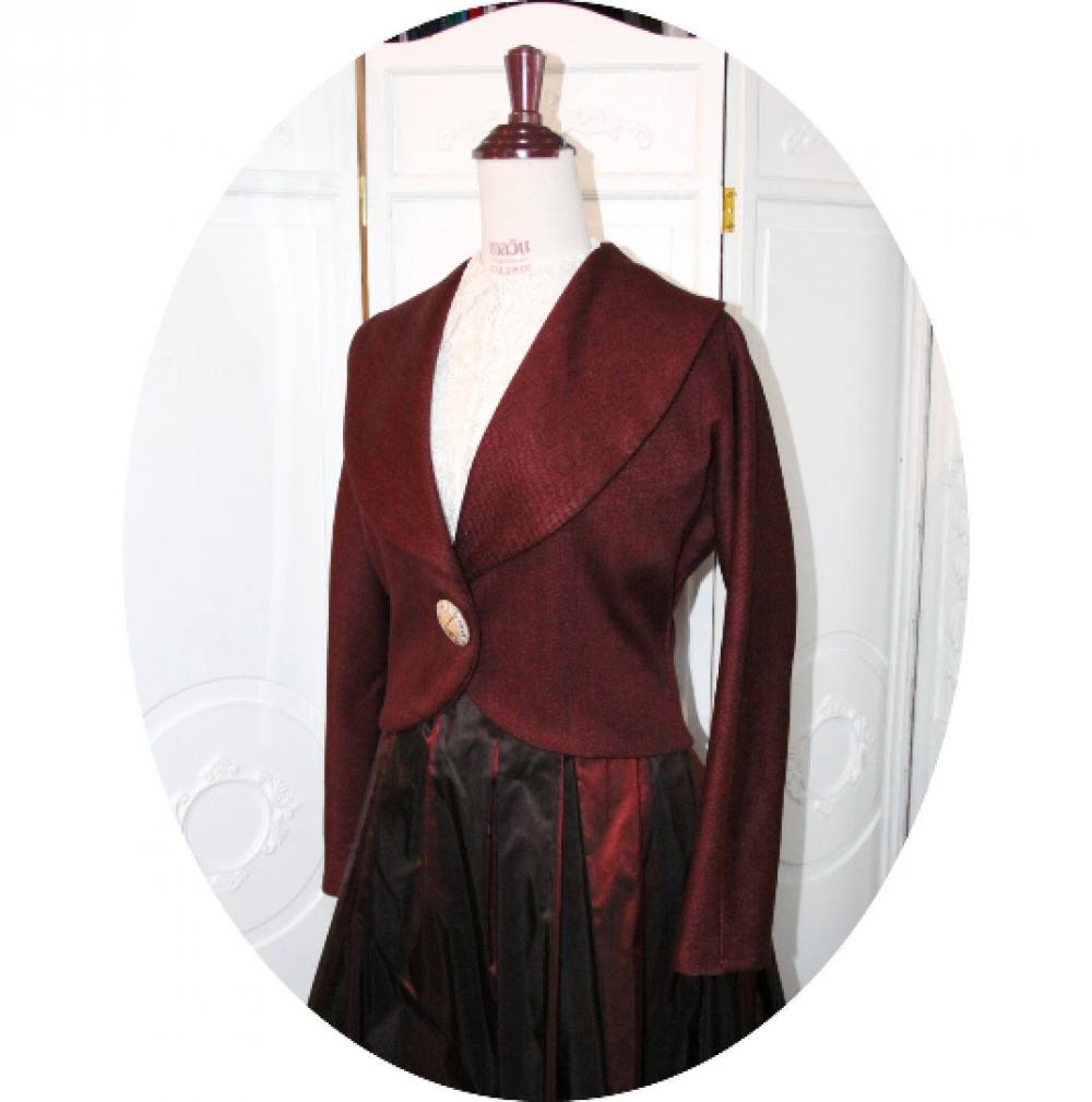 Veste courte en coton rouge bordeau à grand col chale et manches longues kimono--9995884143060