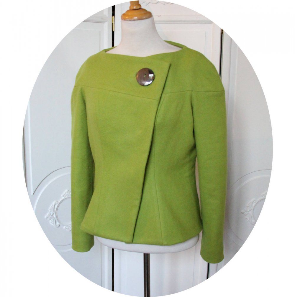 Veste courte en laine vert anis, paletot style annees 60, doublure coton matisse, manteau court en laine et coto, manteau hiver en laine--9995496193538