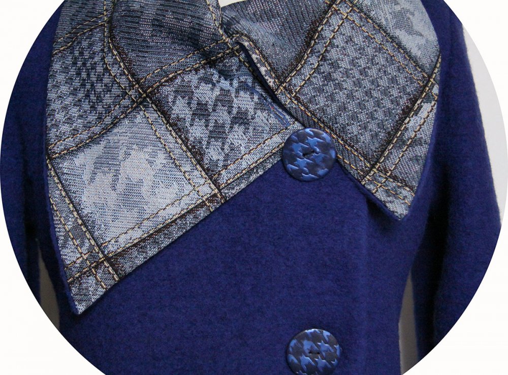 Veste croisée bleu indigo à grand col en tissu couleurs jean pied de poule--2226454735116