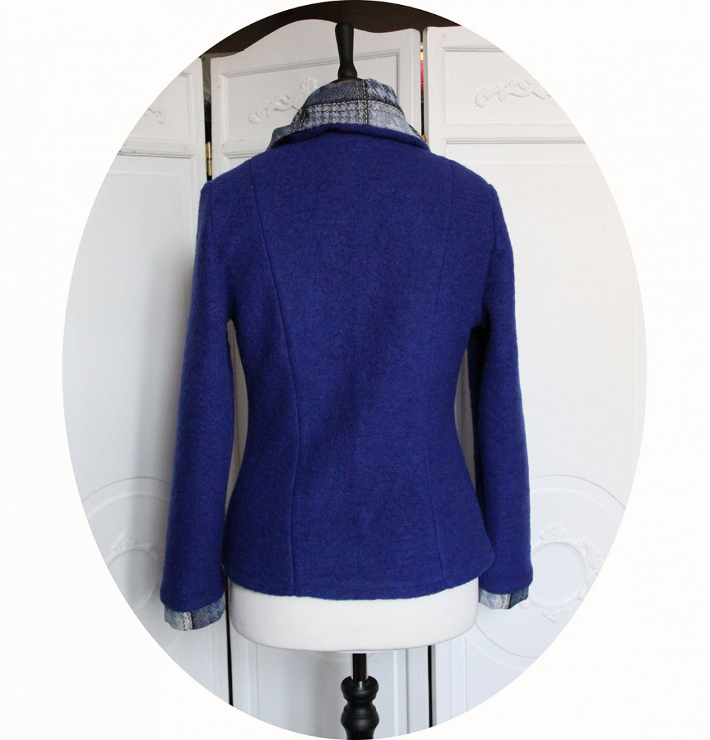 Veste croisée bleu indigo à grand col en tissu couleurs jean pied de poule--2226454735116