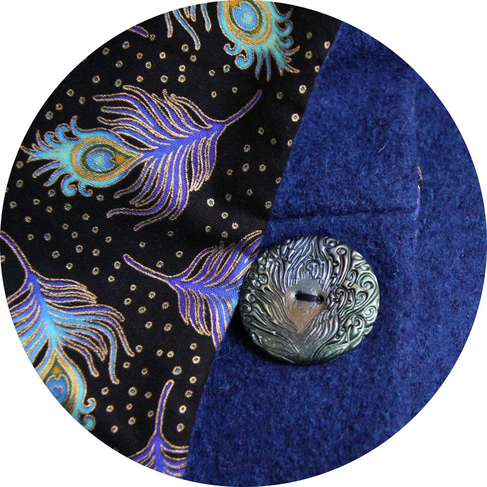 Veste croisée bleue en laine souple à grand col noir plume de paon--9996075008267
