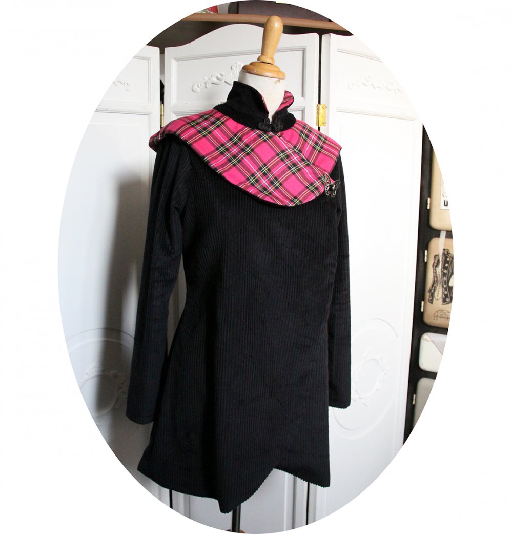 Veste croisée en laine velours noir et tissu écossais rose--9996075903692