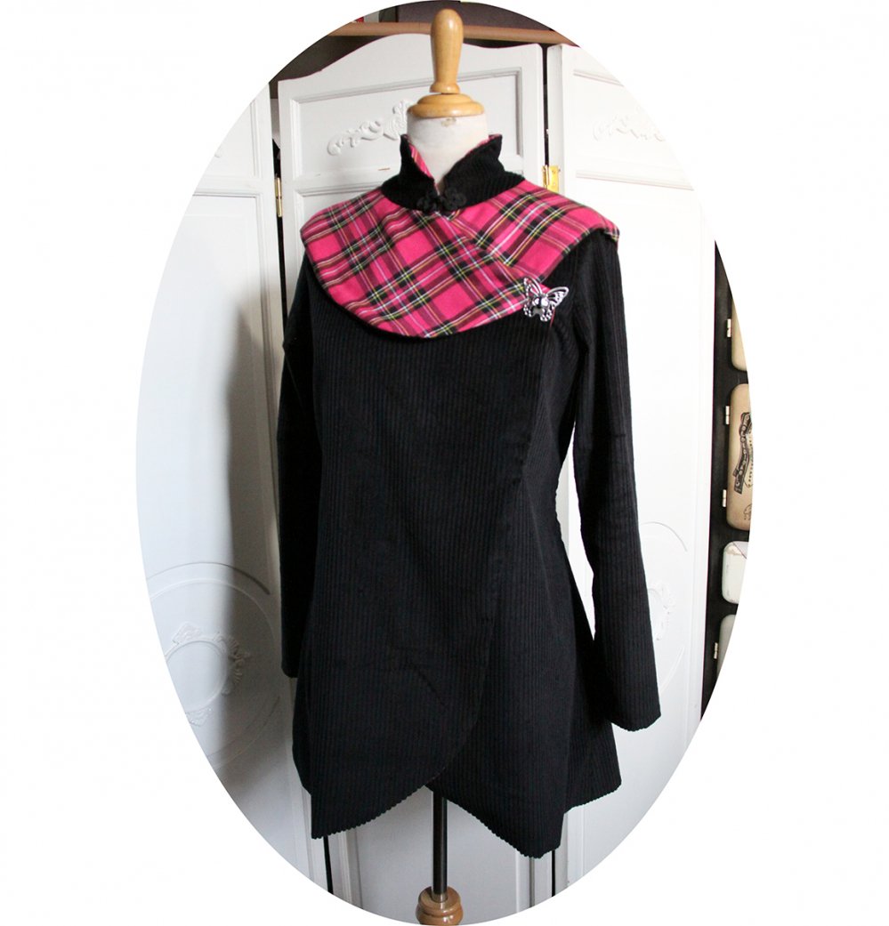 Veste croisée en laine velours noir et tissu écossais rose--9996075903692