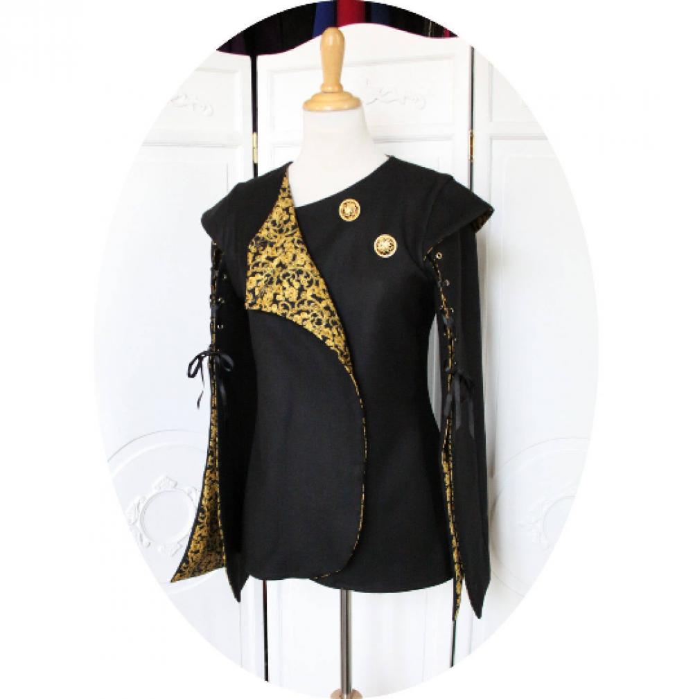 RESERVEE - Veste en laine noire uni et longues manches fendues à doublure coton arabesque et boutons dorés--9995921555719