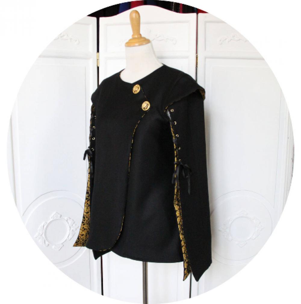 RESERVEE - Veste en laine noire uni et longues manches fendues à doublure coton arabesque et boutons dorés--9995921555719