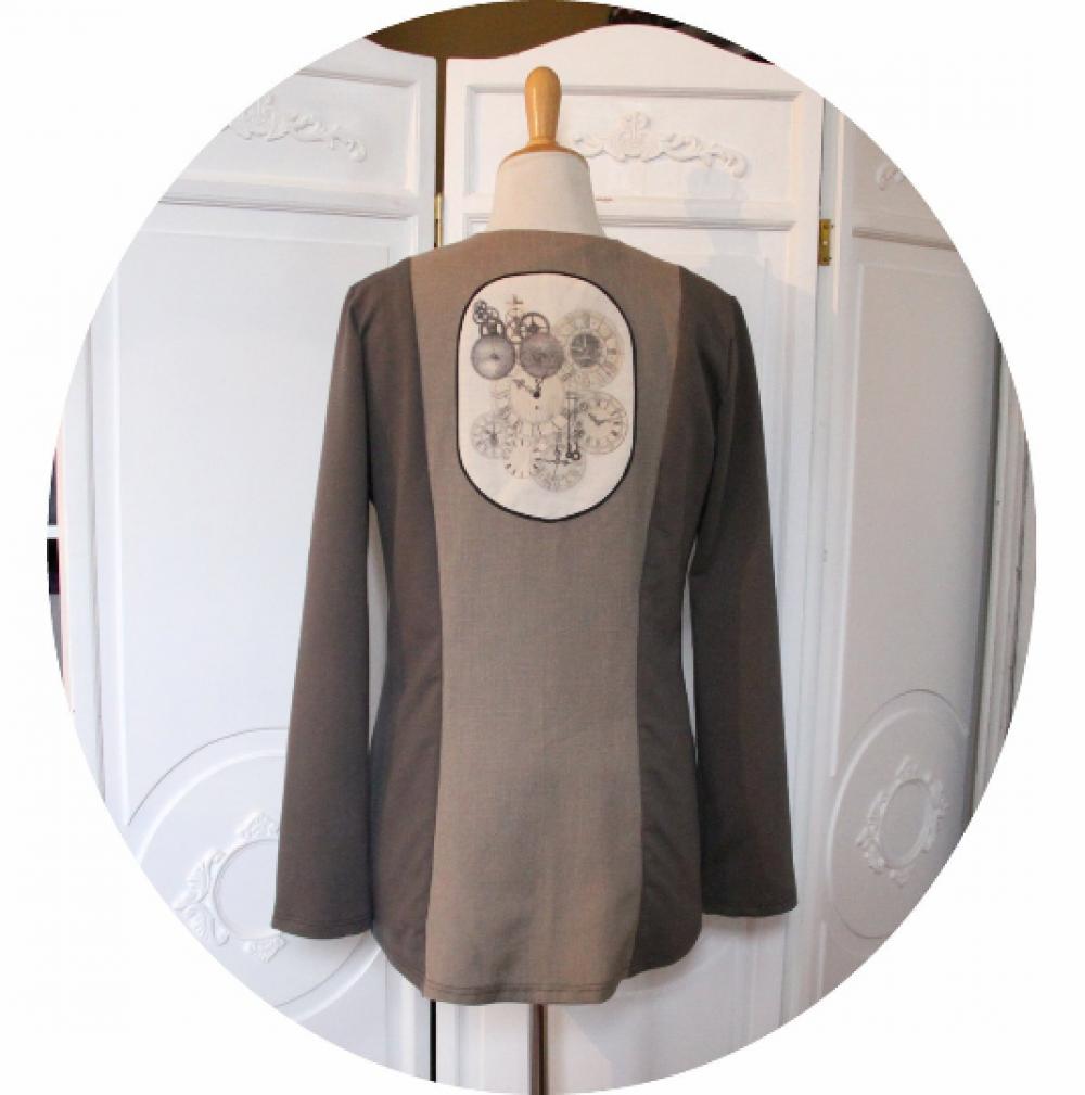 Veste steampunk légère en maille coton marron et toile de coton taupe et motif médaillon horloge et rouages--9995574328159