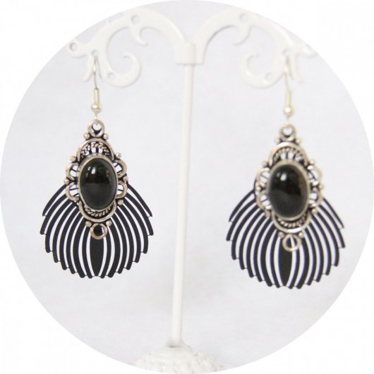 Boucles d'oreilles plume noire et pierre noire