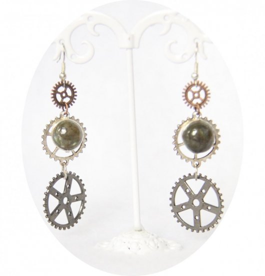 Boucles d'oreilles Steampunk engrenages argent cuivre et labradorite