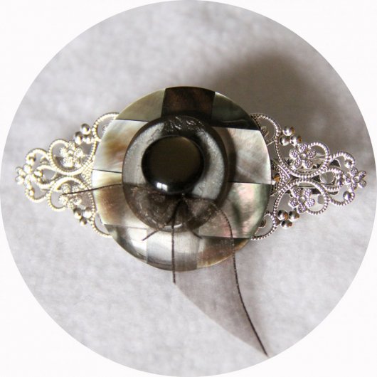 Barrette boutons nacre bois et argent longueur 8cm