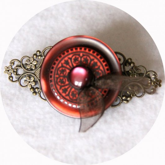 Barrette boutons rouge bordeau et bronze longueur 8cm