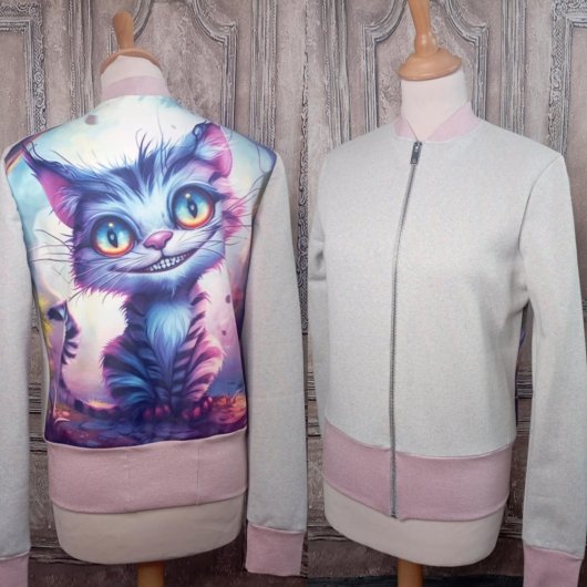 Blouson bomber chat du Cheshire bleu et rose
