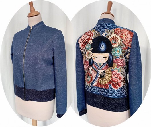 Blouson bomber Poupée Kokeshi Geisha bleu