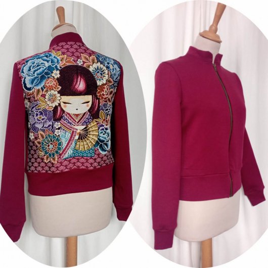 Blouson bomber Poupée Kokeshi Geisha bordeaux et prune