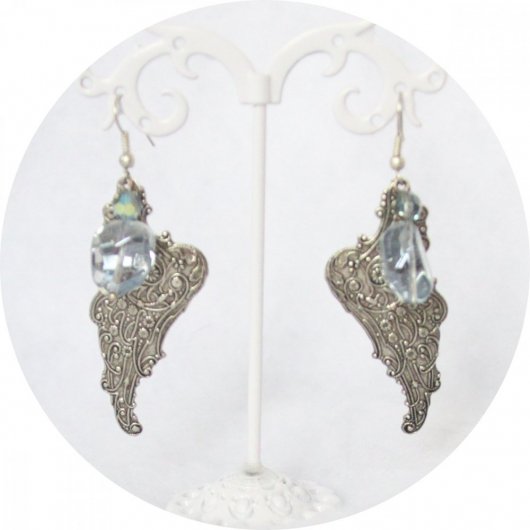 Boucles d'oreilles ailes steampunk argent et bleu