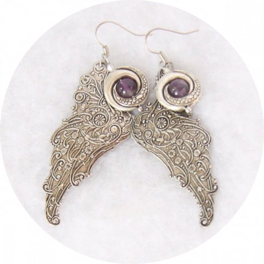 Boucles d'oreilles ailes steampunk argent et mauve