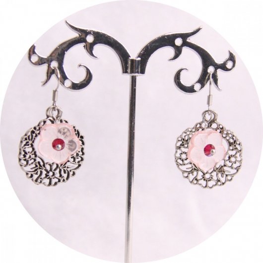 Boucles d'oreilles argentées rétro champêtres fleur rose