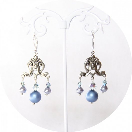 Boucles d'oreilles baroques argent et nacre bleue ciel