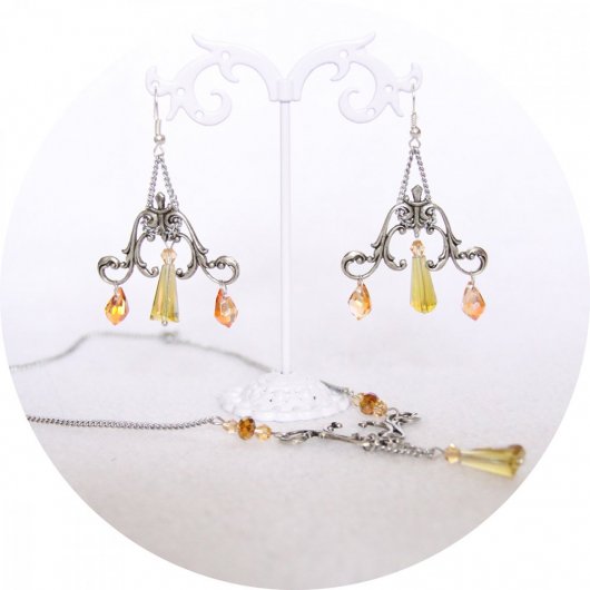 Boucles d'oreilles baroques argent et perles goutte en jaune et orangé