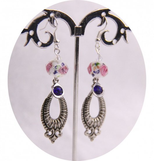 Boucles d'oreilles Baroques argentées blanc et bleu