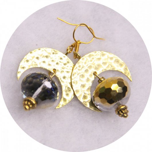 Boucles d'oreilles croissant de lune doré et cristal