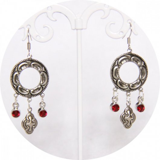 Boucles d'oreilles éthniques rondes rouge et argent