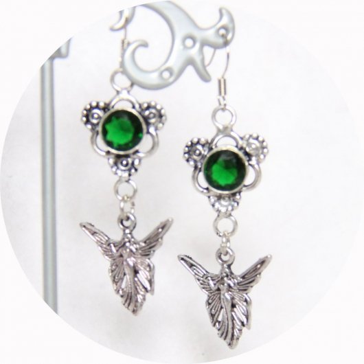 Boucles d'oreilles fée argent et cristal vert
