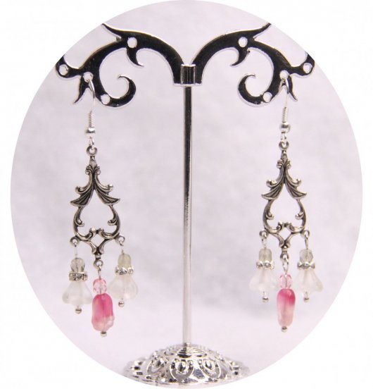 Boucles d'oreilles florales argentées à fleurs rose et blanc