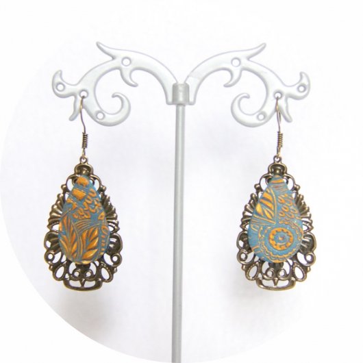 Boucles d'oreilles légères goutte bleu azur et bronze