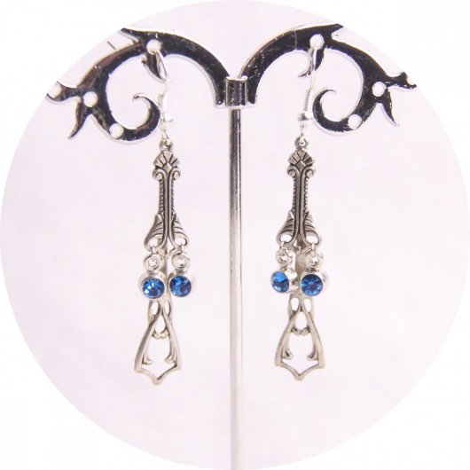 Boucles d'oreilles Art Nouveau argentées avec strass bleu