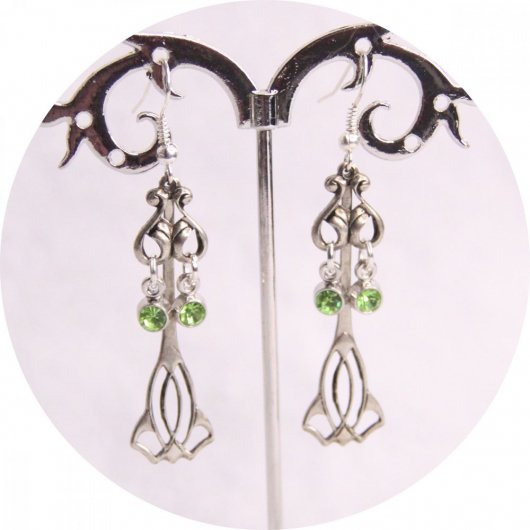 Boucles d'oreilles Art Nouveau argentées avec strass vert