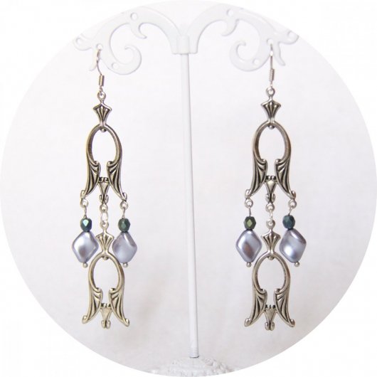 Boucles d'oreilles papyrus argent et nacre bleue