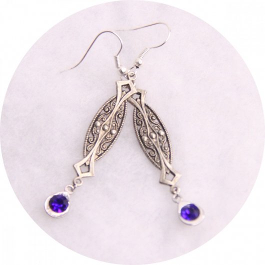 Boucles d'oreilles pendantes argent et strass bleu