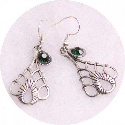 Boucles d'oreilles pendantes Elfiques argent et strass vert émeraude