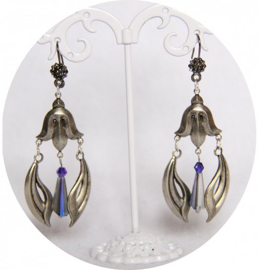 Boucles d'oreilles pendantes Art Nouveau argent et bleu ou vert