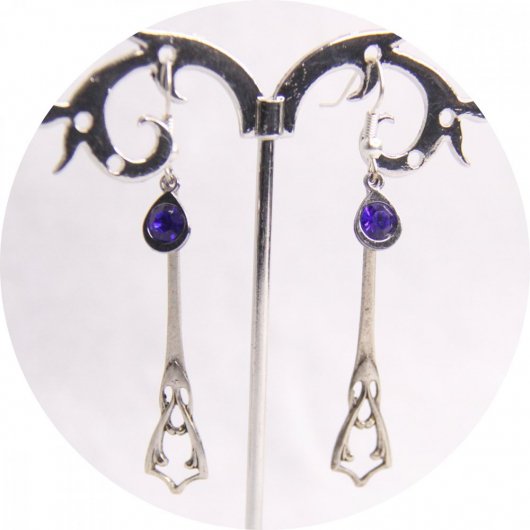 Boucles d'oreilles pendantes Art Nouveau argent et strass bleu