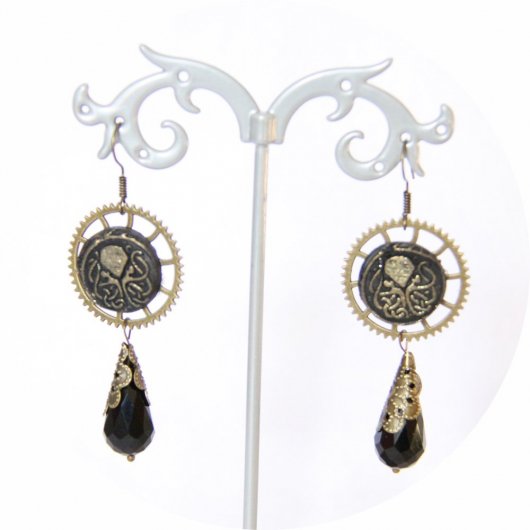 Boucles d'oreilles pendantes Steampunk thème mini Cthulhu noir et bronze goutte