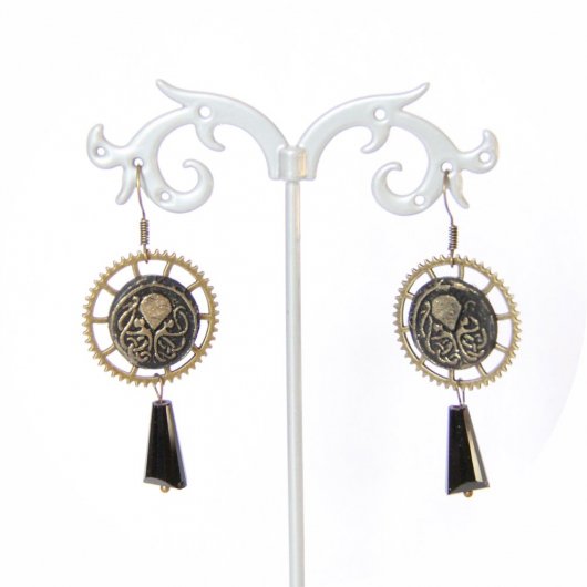 Boucles d'oreilles pendantes Steampunk thème mini Cthulhu noir et bronze goutte