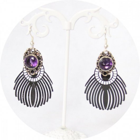 Boucles d'oreilles plume noire et cristal mauve