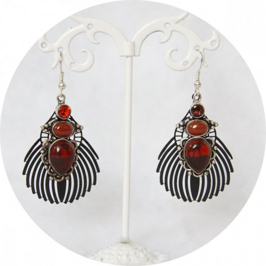 Boucles d'oreilles plume noire et pierre rouge corail